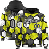 Custom Black Neon Yellow-White Geometric Shape 3D Pattern Design Bomber Full-Snap Varsity Letterman Hoodie Jacket