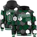 Custom Black Kelly Green-White Geometric Shape 3D Pattern Design Bomber Full-Snap Varsity Letterman Hoodie Jacket