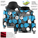 Custom Black Sky Blue-White Geometric Shape 3D Pattern Design Bomber Full-Snap Varsity Letterman Hoodie Jacket