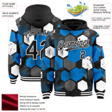 Custom Black Powder Blue-White Geometric Shape 3D Pattern Design Bomber Full-Snap Varsity Letterman Hoodie Jacket