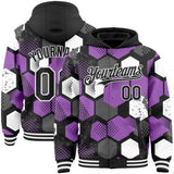 Custom Black Medium Purple-White Geometric Shape 3D Pattern Design Bomber Full-Snap Varsity Letterman Hoodie Jacket