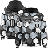 Custom Black Silver-White Geometric Shape 3D Pattern Design Bomber Full-Snap Varsity Letterman Hoodie Jacket