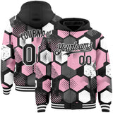Custom Black Light Pink-White Geometric Shape 3D Pattern Design Bomber Full-Snap Varsity Letterman Hoodie Jacket