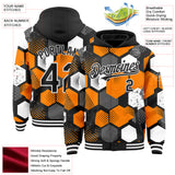Custom Black Bay Orange-White Geometric Shape 3D Pattern Design Bomber Full-Snap Varsity Letterman Hoodie Jacket