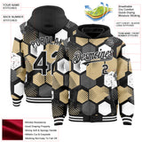 Custom Black Vegas Gold-White Geometric Shape 3D Pattern Design Bomber Full-Snap Varsity Letterman Hoodie Jacket