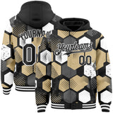 Custom Black Vegas Gold-White Geometric Shape 3D Pattern Design Bomber Full-Snap Varsity Letterman Hoodie Jacket