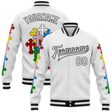 Custom White Black Gothic Chromatic Crosses 3D Pattern Design Bomber Full-Snap Varsity Letterman Jacket