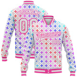 Custom White Pink Gothic Gradient Crosses 3D Pattern Design Bomber Full-Snap Varsity Letterman Jacket
