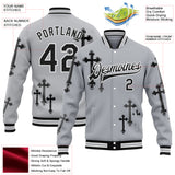 Custom Gray Black-White Gothic Crosses 3D Pattern Design Bomber Full-Snap Varsity Letterman Jacket