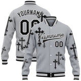 Custom Gray Black-White Gothic Crosses 3D Pattern Design Bomber Full-Snap Varsity Letterman Jacket