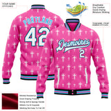 Custom Pink White Sky Blue-Black Gothic Crosses 3D Pattern Design Bomber Full-Snap Varsity Letterman Jacket