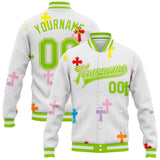 Custom White Neon Green Gothic Crosses 3D Pattern Design Bomber Full-Snap Varsity Letterman Jacket