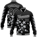 Custom Black White Y2K Stars 3D Pattern Design Bomber Full-Snap Varsity Letterman Jacket