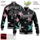 Custom Black White Y2K Stars 3D Pattern Design Bomber Full-Snap Varsity Letterman Jacket
