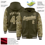 Custom Olive-Cream Digital Camo Two Tone Bomber Full-Snap Varsity Letterman Hoodie Jacket