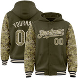 Custom Olive-Cream Digital Camo Two Tone Bomber Full-Snap Varsity Letterman Hoodie Jacket