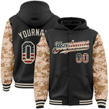 Custom Black Vintage USA Flag-Cream Digital Camo Two Tone Bomber Full-Snap Varsity Letterman Hoodie Jacket
