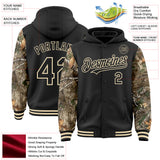 Custom Black-Cream Woodland Camo Two Tone Bomber Full-Snap Varsity Letterman Hoodie Jacket
