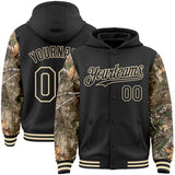Custom Black-Cream Woodland Camo Two Tone Bomber Full-Snap Varsity Letterman Hoodie Jacket