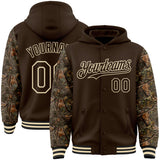 Custom Brown-Cream Woodland Camo Two Tone Bomber Full-Snap Varsity Letterman Hoodie Jacket