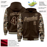 Custom Brown-Cream Woodland Camo Two Tone Bomber Full-Snap Varsity Letterman Hoodie Jacket