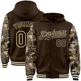 Custom Brown-Cream Woodland Camo Two Tone Bomber Full-Snap Varsity Letterman Hoodie Jacket
