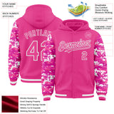 Custom Pink-White Digital Camo Two Tone Bomber Full-Snap Varsity Letterman Hoodie Jacket