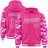 Custom Pink-White Digital Camo Two Tone Bomber Full-Snap Varsity Letterman Hoodie Jacket