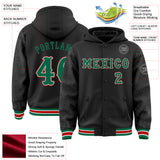 Custom Black Kelly Green White-Red Mexico Aztec Calendar Bomber Full-Snap Varsity Letterman Hoodie Jacket