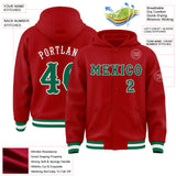 Custom Red Kelly Green-White Mexico Aztec Calendar Bomber Full-Snap Varsity Letterman Hoodie Jacket
