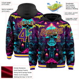 Custom Black Purple-Gold Rave Skull Bomber Full-Snap Varsity Letterman Hoodie Jacket