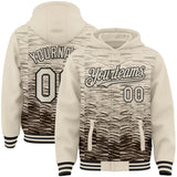 Custom Cream Brown-Black Distressed Scratch 3D Pattern Bomber Full-Snap Varsity Letterman Hoodie Jacket
