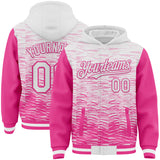 Custom White-Pink Distressed Scratch Two Tone Bomber Full-Snap Varsity Letterman Hoodie Jacket