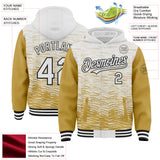 Custom White Old Gold-Black Distressed Scratch Two Tone Bomber Full-Snap Varsity Letterman Hoodie Jacket