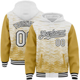 Custom White Old Gold-Black Distressed Scratch Two Tone Bomber Full-Snap Varsity Letterman Hoodie Jacket