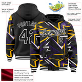 Custom Black Purple Gold-White Dynamic Geometric Shard Bomber Full-Snap Varsity Letterman Hoodie Jacket