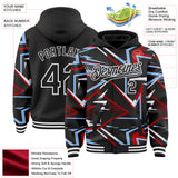 Custom Black Red Light Blue-White Dynamic Geometric Shard Bomber Full-Snap Varsity Letterman Hoodie Jacket