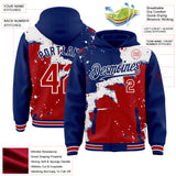 Custom Royal Red-White Torn Paper Style Paint Splatter Bomber Full-Snap Varsity Letterman Hoodie Jacket