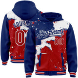 Custom Royal Red-White Torn Paper Style Paint Splatter Bomber Full-Snap Varsity Letterman Hoodie Jacket