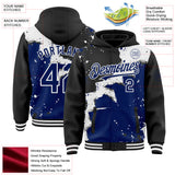 Custom Black Royal-White Torn Paper Style Paint Splatter Bomber Full-Snap Varsity Letterman Hoodie Jacket
