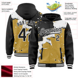Custom Black White-Old Gold Torn Paper Style Paint Splatter Bomber Full-Snap Varsity Letterman Hoodie Jacket