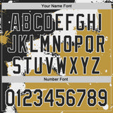 Custom Black White-Old Gold Torn Paper Style Paint Splatter Bomber Full-Snap Varsity Letterman Hoodie Jacket