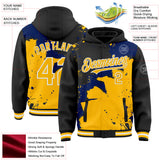 Custom Black Gold Royal-White Torn Paper Style Paint Splatter Bomber Full-Snap Varsity Letterman Hoodie Jacket