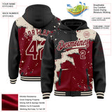 Custom Black Crimson-Cream Torn Paper Style Paint Splatter Bomber Full-Snap Varsity Letterman Hoodie Jacket