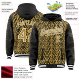 Custom Black Old Gold-White Geometric Arrow Bomber Full-Snap Varsity Letterman Hoodie Jacket