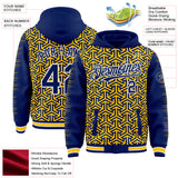 Custom Royal Yellow-White Geometric Arrow Bomber Full-Snap Varsity Letterman Hoodie Jacket