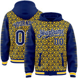 Custom Royal Yellow-White Geometric Arrow Bomber Full-Snap Varsity Letterman Hoodie Jacket