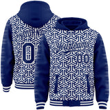 Custom Royal-White Geometric Arrow Bomber Full-Snap Varsity Letterman Hoodie Jacket