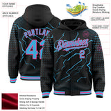 Custom Black Sky Blue-Pink Lightning Polka Dot 3D Pattern Bomber Full-Snap Varsity Letterman Hoodie Jacket