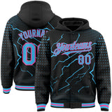 Custom Black Sky Blue-Pink Lightning Polka Dot 3D Pattern Bomber Full-Snap Varsity Letterman Hoodie Jacket